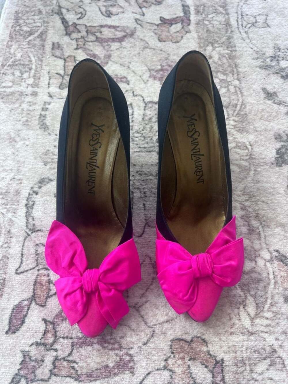 Vintage Yves Saint Laurent Black Satin Pointed Toe Pumps with Hot Pink Bows